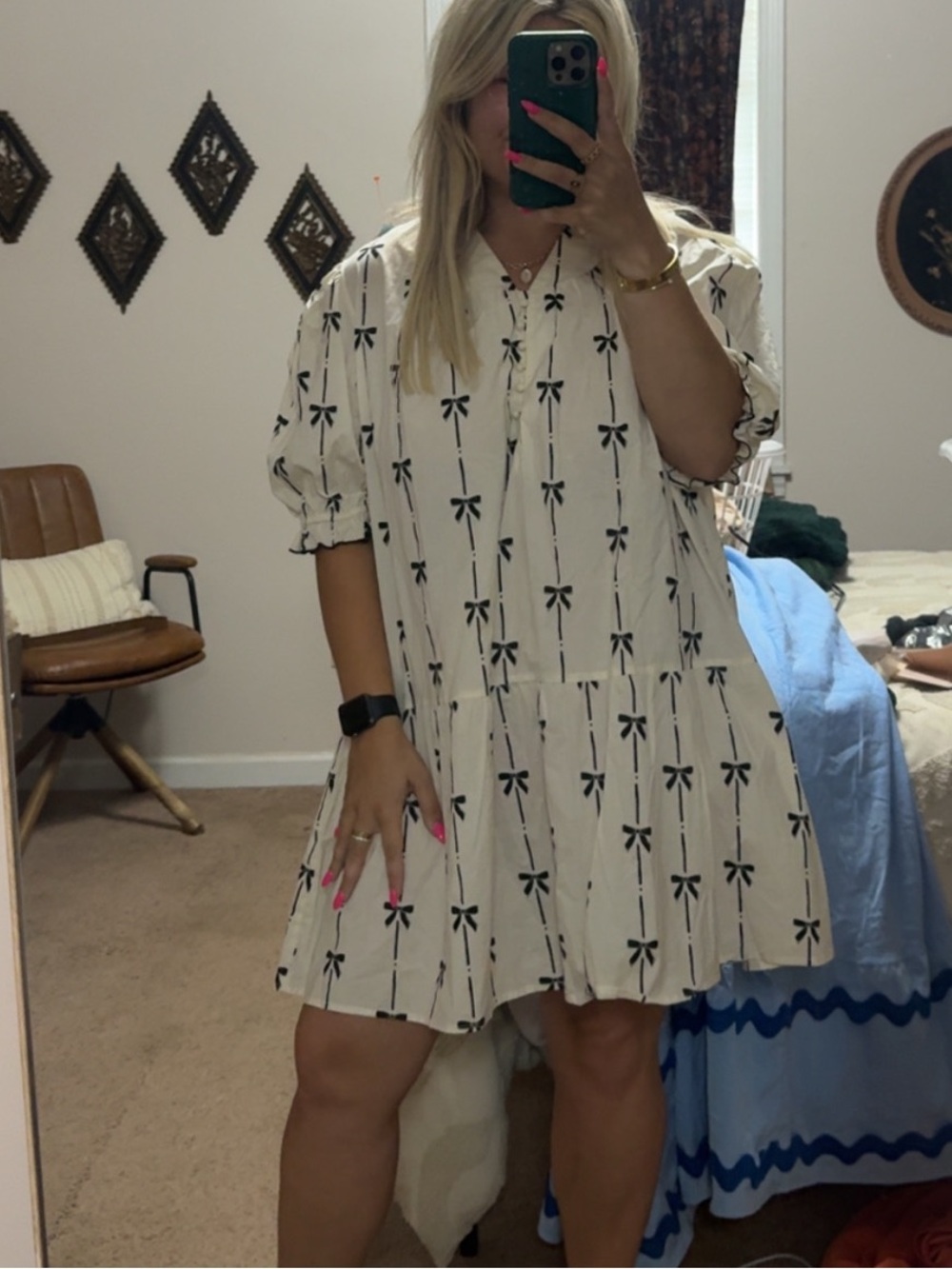 Ivory Bow-Print Tiered Dress